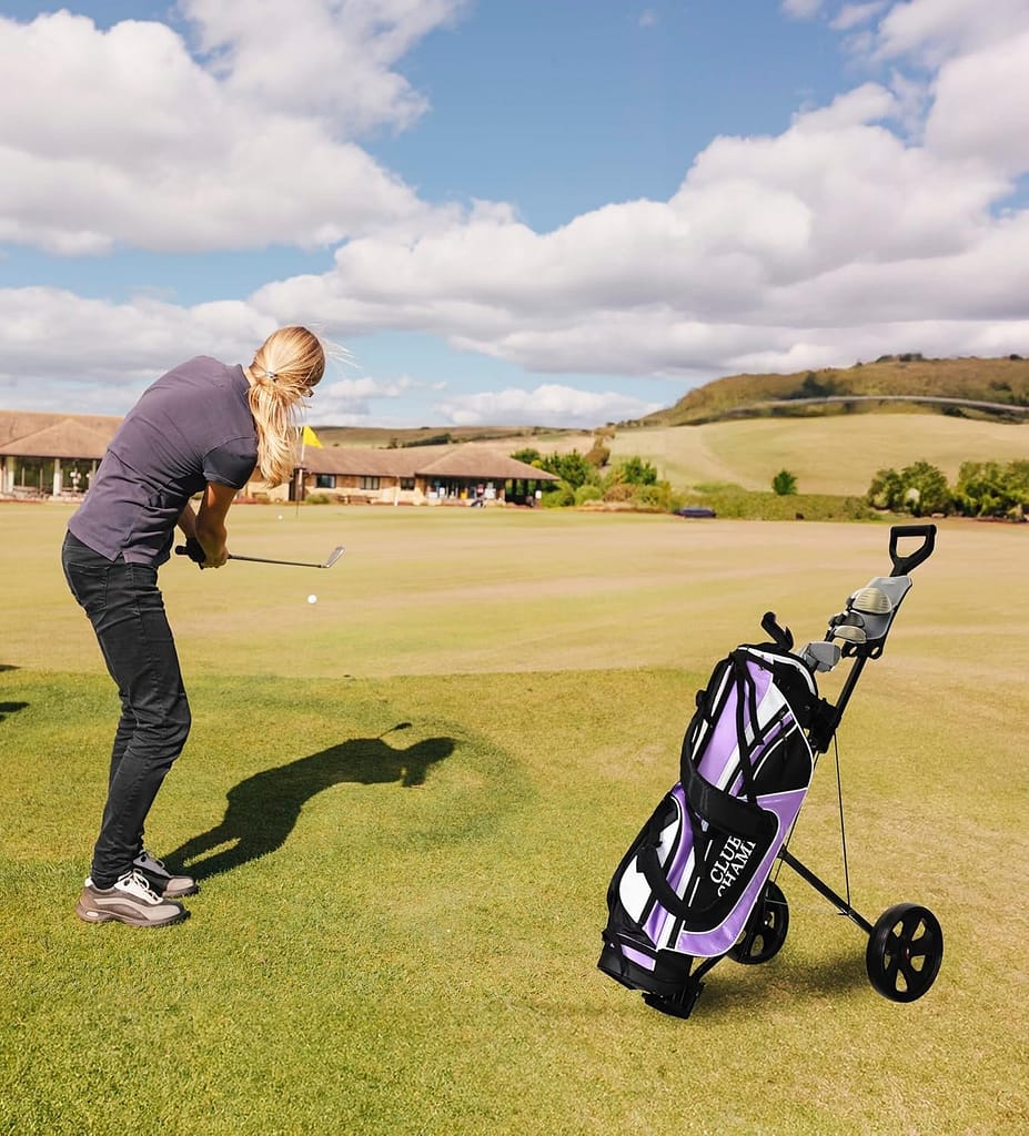 JEF World of Golf Deluxe Steel Push Cart view with bag